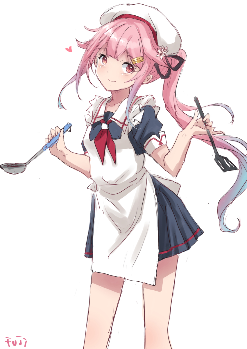 1girl apron beret black_serafuku black_shirt black_skirt commentary_request frilled_apron frills fuji_(pixiv24804665) gradient_hair hair_flaps harusame_(kancolle) harusame_kai_ni_(kancolle) hat highres kantai_collection ladle long_hair multicolored_hair neckerchief pink_hair pleated_skirt red_eyes red_neckerchief sailor_collar sailor_shirt school_uniform serafuku shirt side_ponytail simple_background skirt smile solo spatula standing white_apron white_background white_sailor_collar