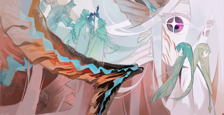 3girls 4boys 5731-3806 absurdres curled_horns dragon_girl dragon_horns enkidu_(fate) fate/grand_order fate_(series) fujimaru_ritsuka_(female) gilgamesh gilgamesh_(caster)_(fate) gilgamesh_(fate) gloria_(pokemon) green_hair highres holding holding_staff horns jewelry kingu_(fate) long_hair looking_at_viewer mash_kyrielight merlin_(fate) multiple_boys multiple_girls necklace robe staff tiamat_(fate) tiamat_(femme_fatale)_(fate) very_long_hair white_robe