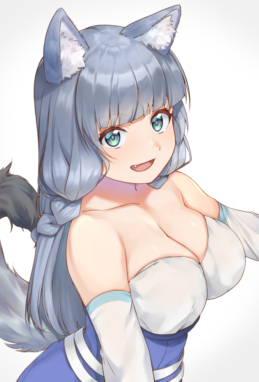 :d animal_ear_fluff animal_ears aqua_eyes bare_shoulders blunt_bangs braid breasts cleavage collarbone dress elbow_gloves fang from_side gloves grey_hair hataage!_kemono_michi highres imori_(lizzy) large_breasts long_hair looking_up off-shoulder_dress off_shoulder open_mouth shigure_(kemonomichi) simple_background sleeveless sleeveless_dress smile tail upper_body white_background white_gloves wolf_ears wolf_tail