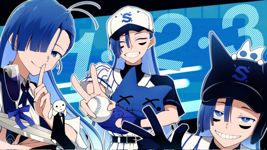 3girls ado_(utaite) ahoge baseball baseball_cap baseball_glove black_gloves blue_eyes blue_hair champagne_flute clenched_teeth commentary_request corrupted_twitter_file cup dress_shirt drinking_glass fang glass gloves hair_between_eyes hair_over_one_eye hat highres holding holding_tray long_hair looking_at_viewer merry_(ado) multiple_girls multiple_persona neck_ribbon nori_(norinori_yrl) readymade_(ado) ribbon shirt smile teeth tray very_long_hair white_background white_hat white_shirt