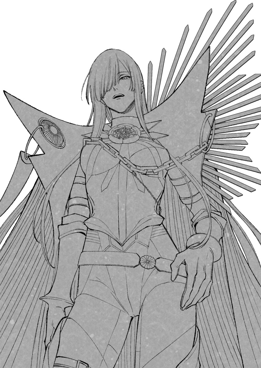 1girl armor belt bodysuit breastplate cape chain collared_cape crest family_crest fate/grand_order fate_(series) greyscale hair_over_one_eye hand_on_own_hip highres long_hair looking_at_viewer looking_down monochrome oda_nobunaga_(fate) oda_nobunaga_(maou_avenger)_(fate) oda_uri popped_collar solo urup_zzz white_background