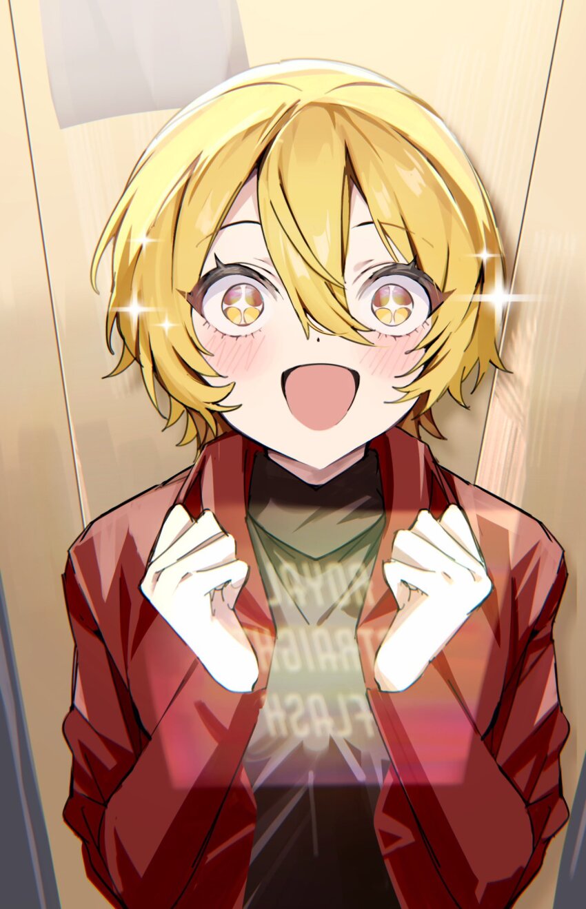 1girl backwards_text black_shirt blonde_hair coat don_quixote_(project_moon) english_text excited highres limbus_company long_sleeves mu46016419 open_mouth project_moon red_coat shirt solo sparkle sparkling_eyes upper_body yellow_eyes