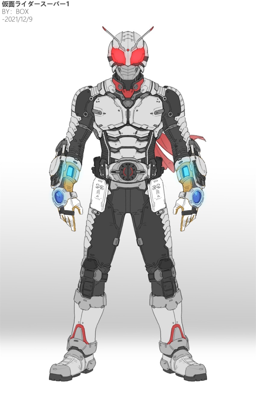1boy antennae armor armored_boots black_bodysuit bodysuit boots chinese_commentary commentary_request full_body gauntlets gloves glowing glowing_eyes grey_armor grey_boots highres kamen_rider kamen_rider_super-1 kamen_rider_super-1_(series) male_focus mask red_eyes rider_belt simple_background solo white_armor white_background white_gloves wrist_chain xiangzi_box