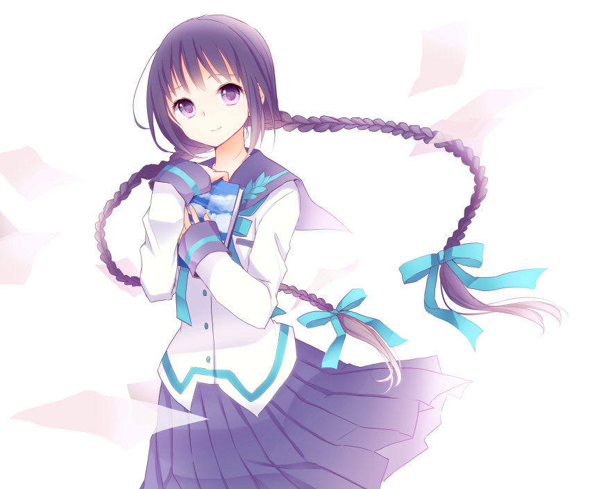 1girl absurdres amano_tooko black_hair book bow braid bungaku_shoujo female_focus goma_(11zihisin) hair_ribbon highres long_hair purple_eyes ribbon school_uniform serafuku simple_background skirt solo tress_ribbon twin_braids very_long_hair