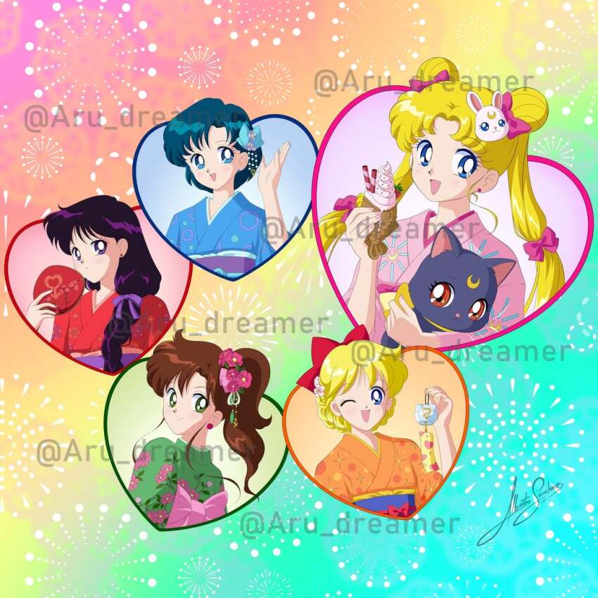 5girls aino_minako aru_dreamer bishoujo_senshi_sailor_moon black_cat black_hair blonde_hair blue_eyes brown_hair cat food green_eyes heart hino_rei ice_cream japanese_clothes kimono kino_makoto long_hair luna_(sailor_moon) mizuno_ami multiple_girls one_eye_closed ponytail short_hair tsukino_usagi twintails very_long_hair wink