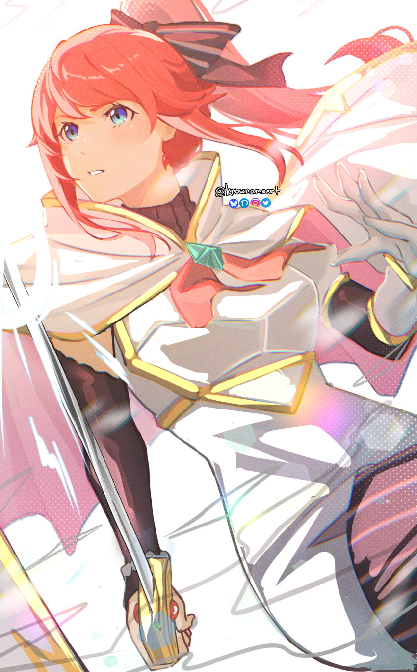 1girl absurdres armor black_bow black_pantyhose blue_eyes bluesky_logo bow breastplate cape dress gem gloves hair_bow highres holding holding_sword holding_weapon instagram_logo knowname long_hair looking_to_the_side pantyhose parted_lips ponytail re:zero_kara_hajimeru_isekai_seikatsu red_hair short_dress sidelocks solo sword theresia_van_astrea twitter_logo twitter_username weapon white_cape white_gloves