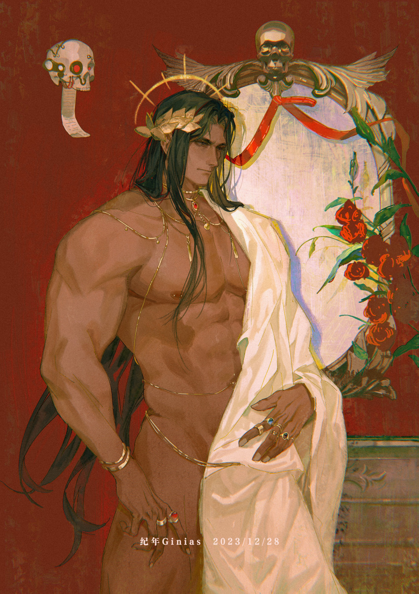 absurdres artist_name bara black_hair body_jewelry bracelet dated emperor_of_mankind flower ginias gold gold_ring halo highres jewelry laurel_crown long_hair male_focus mirror muscular muscular_male necklace nipples paper red_background red_flower red_ribbon red_rose ribbon rose servo-skull signature skull tunic warhammer_40k