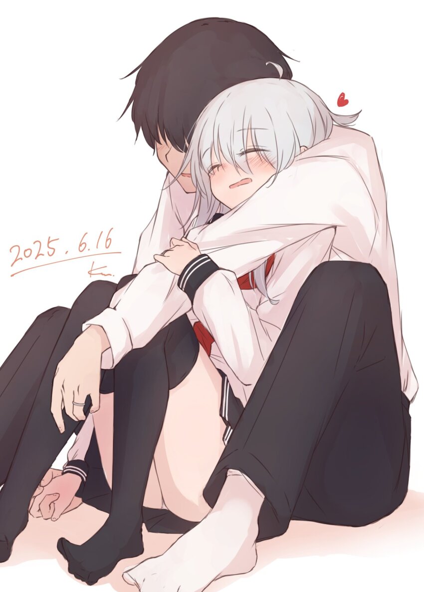 1boy 1girl admiral_(kancolle) black_hair black_pants black_thighhighs blush closed_eyes couple dated faceless faceless_male grey_hair hair_over_eyes hashtag-only_commentary heart hetero hibiki_(kancolle) highres holding_hands hug jewelry kantai_collection kuuru_(kuuru-n) long_sleeves neckerchief open_mouth pants red_neckerchief ring sailor_collar school_uniform serafuku shirt signature simple_background sitting thighhighs wedding_ring white_background white_shirt