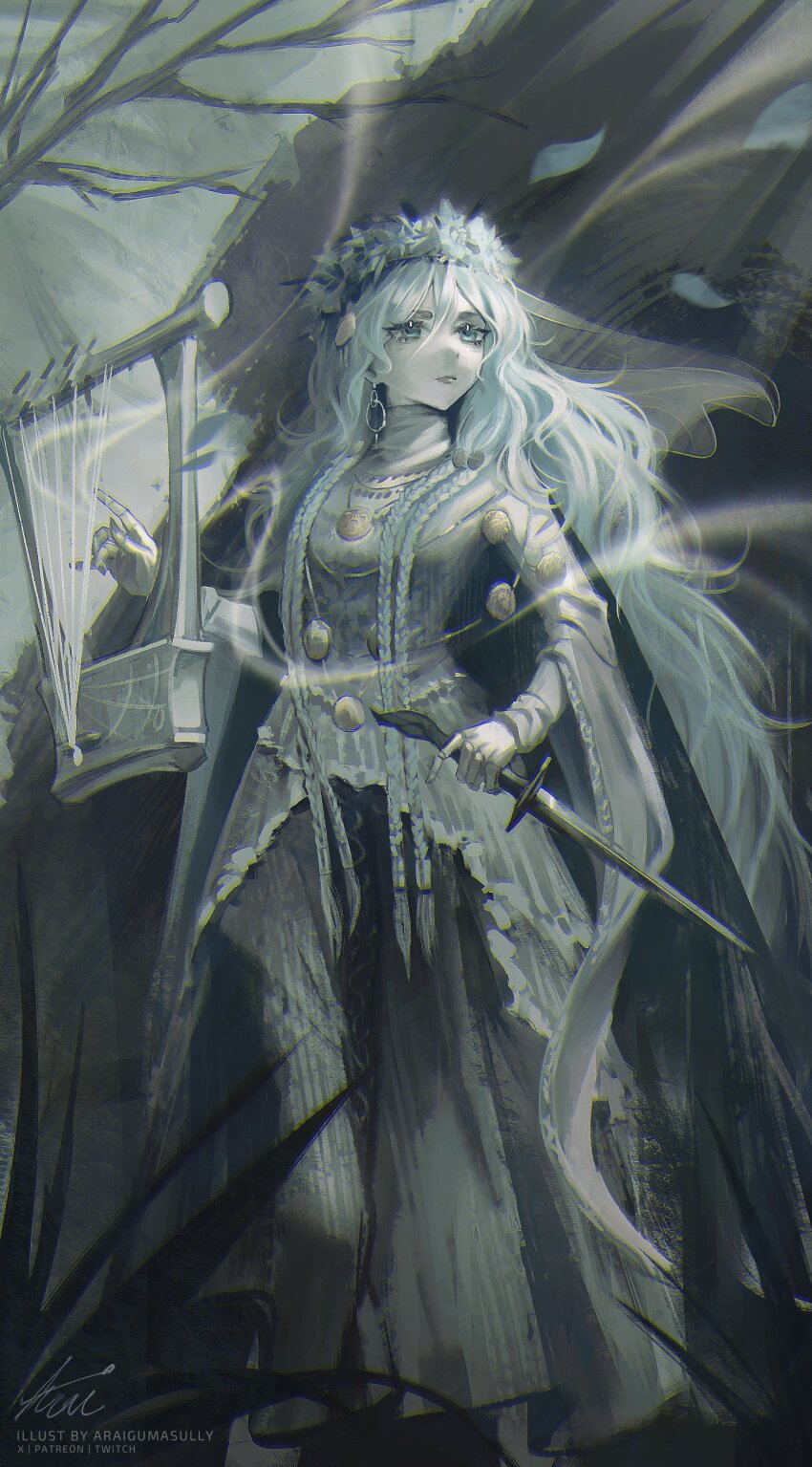 1girl absurdres araigumasully blue_eyes braid closed_mouth doll_joints dress elden_ring elden_ring_nightreign flower flower_wreath head_wreath highres holding holding_instrument holding_lyre instrument jewelry joints long_hair low_twin_braids lyre revenant_(elden_ring) solo twin_braids veil weapon white_dress white_hair white_veil