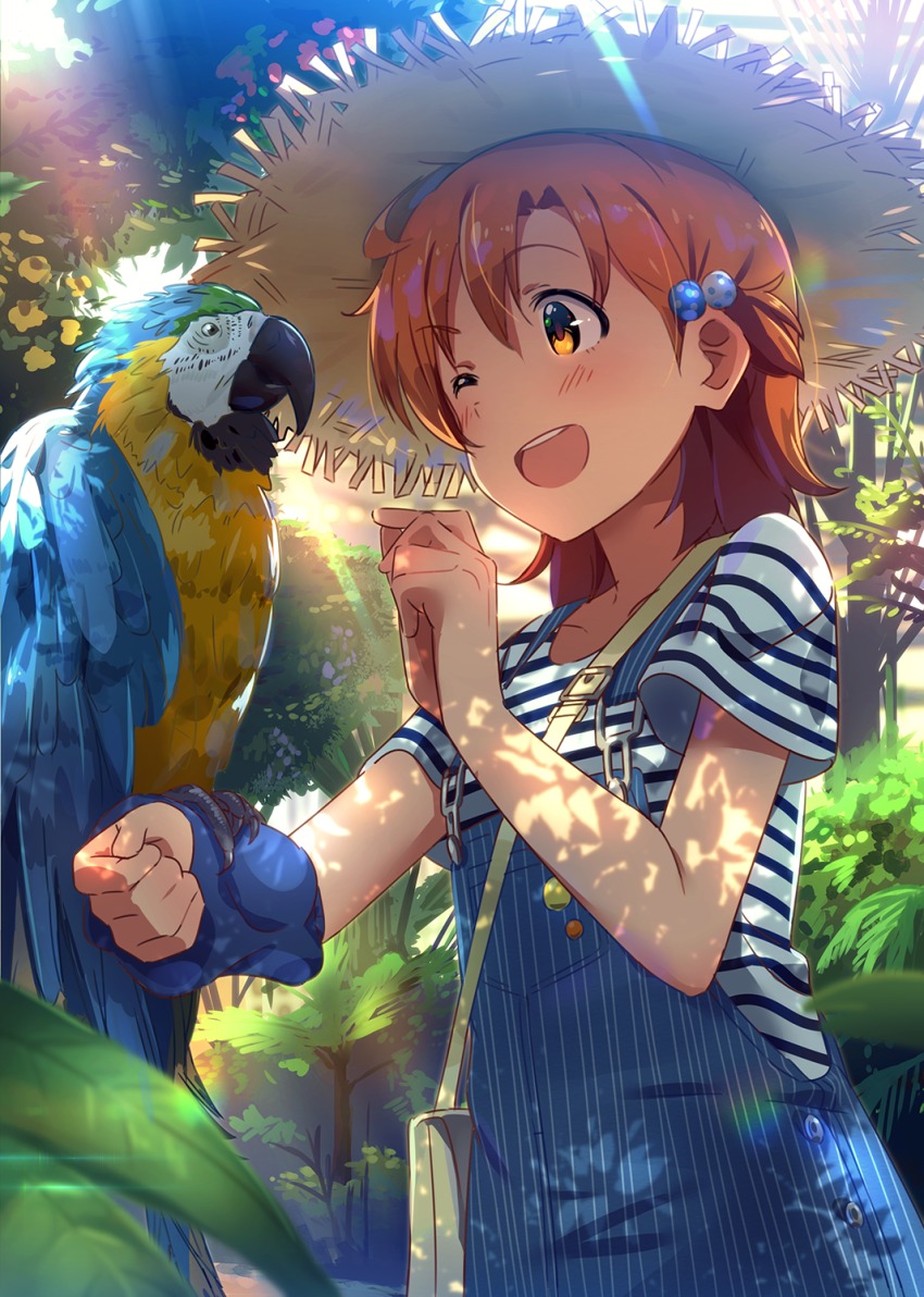 10s 1girl ahoge animal animal_on_arm bad_id bad_pixiv_id bag bird bird_on_arm blush brown_hair day forest hair_between_eyes hair_bobbles hair_ornament handbag hat highres idolmaster idolmaster_million_live! lens_flare light_rays macaw nature one_eye_closed open_mouth outdoors overalls parrot red10 shadow shirt short_sleeves smile straw_hat striped_clothes striped_shirt sunbeam sunlight suspenders upper_body yabuki_kana yellow_eyes
