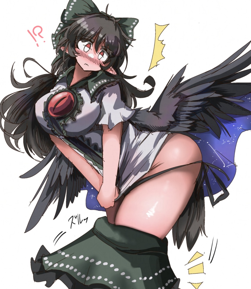 !? 1girl black_hair black_wings blush bow breasts closed_mouth constellation_print embarrassed eye20806972 from_side green_bow green_skirt hair_bow highres large_breasts leaning_forward long_hair reiuji_utsuho shirt simple_background skirt solo starry_sky_print third_eye touhou white_background white_shirt wings