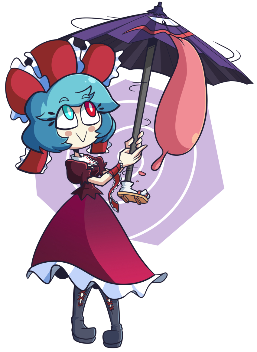 1girl :&gt; black_boots blue_eyes blue_hair boots commentary commission cosplay english_commentary frilled_skirt frills full_body hair_ribbon heterochromia highres holding holding_umbrella kagiyama_hina kagiyama_hina_(cosplay) karakasa_obake kevin_arthur purple_umbrella red_eyes red_ribbon red_skirt ribbon short_sleeves skirt solo tatara_kogasa tongue touhou umbrella