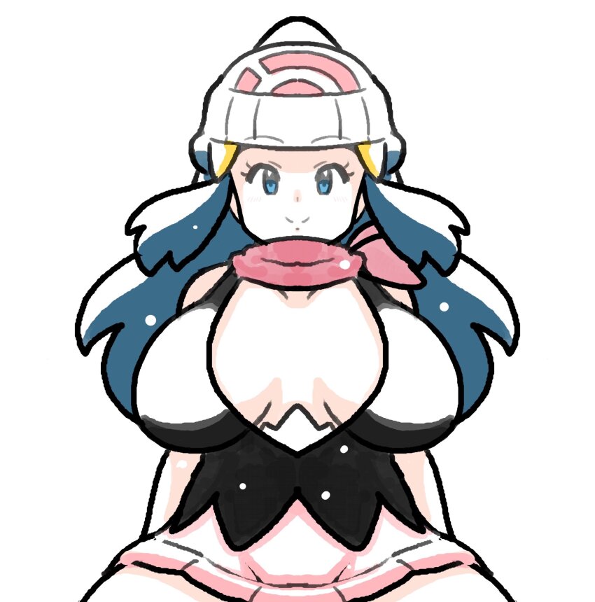 1girl alternate_breast_size bare_legs blue_eyes blue_hair blush breasts cleavage dawn_(pokemon) dress feet_out_of_frame hat highres koutarosu large_breasts long_hair looking_at_viewer matching_hair/eyes nintendo no_bra panties pink_footwear pokemon pokemon_dppt scarf short_hair sideboob simple_background skirt smile solo underwear white_background