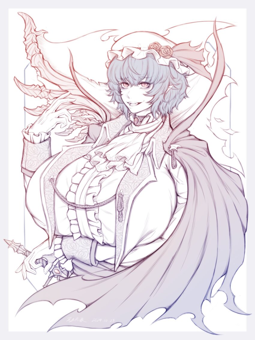 1girl alternate_costume arm_under_breasts ascot bat_wings blue_hair border breasts brooch cape center_frills covered_erect_nipples cropped_torso elun_(meido) fangs flower frilled_cuffs frills gloves grey_border hair_between_eyes hand_up hat hat_flower hat_ribbon highres huge_breasts jewelry mob_cap mystical_high_collar pointy_ears red_eyes remilia_scarlet ribbon short_hair solo sword torn_clothes touhou vampire weapon white_gloves wings