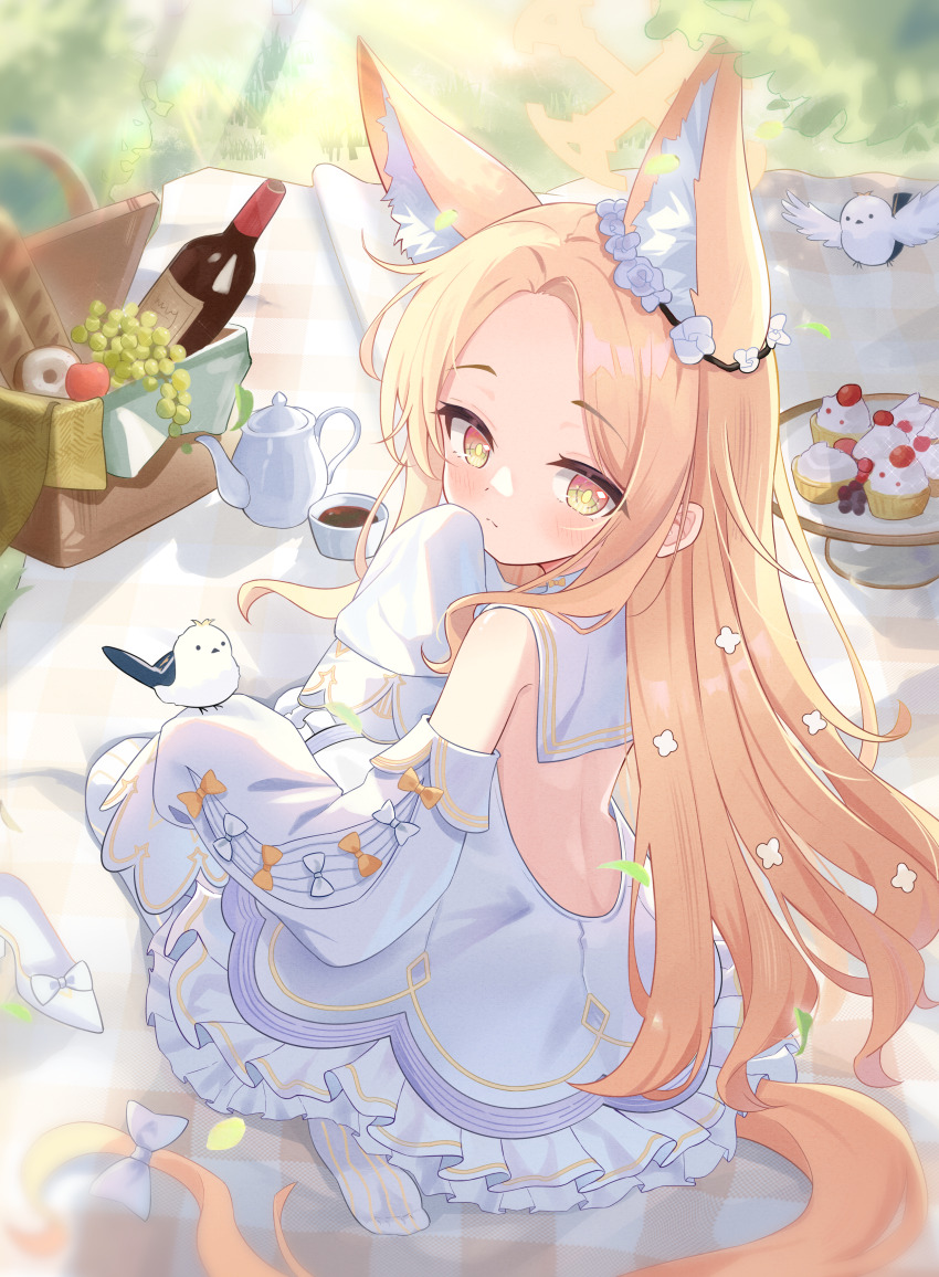 1girl absurdres animal_ear_fluff animal_ears back bird bird_on_hand blonde_hair blue_archive blush bottle closed_mouth commentary_request cross_halo detached_sleeves dress exusiai_dust flower food forehead fox_ears fox_girl fox_tail from_behind full_body hair_flower hair_ornament halo hand_to_own_mouth high_heels highres long_hair long_sleeves looking_at_viewer looking_back no_shoes pantyhose picnic sailor_collar seia_(blue_archive) seiza shoes sitting sleeves_past_fingers sleeves_past_wrists solo striped_clothes striped_pantyhose tail teapot unworn_shoes vertical-striped_clothes vertical-striped_pantyhose white_dress white_pantyhose white_sailor_collar white_shoes white_sleeves yellow_eyes yellow_halo