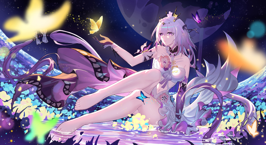 1girl absurdres barefoot black_tiara bug butterfly castorice_(honkai:_star_rail) clothing_cutout commentary_request dress ermu_(enmmm) feet flower full_moon hair_flower hair_ornament highres honkai:_star_rail honkai_(series) insect long_hair moon navel pointy_ears purple_eyes purple_hair sitting_on_water sky solo star_(sky) starry_sky stomach_cutout tiara toes white_dress