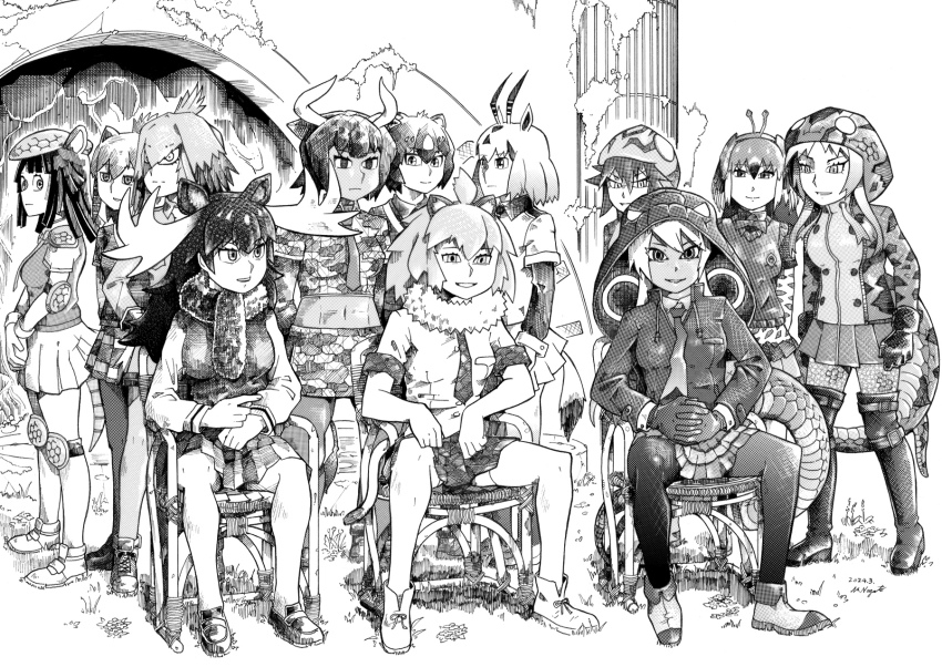6+girls abs african_rock_python_(kemono_friends) animal_ears animal_hood antlers arabian_oryx_(kemono_friends) aurochs_(kemono_friends) behind_another boots bow bowtie chair closed_mouth collared_shirt cow_ears cow_horns crested_porcupine_(kemono_friends) dark-skinned_female dark_skin detached_hood extra_ears full_body fur_collar giant_armadillo_(kemono_friends) greyscale hat highres hood hood_up hooded_jacket horns jacket japanese_black_bear_(kemono_friends) kemono_friends king_cobra_(kemono_friends) kneepits leggings lion_(kemono_friends) lion_ears long_hair long_sleeves long_tail looking_at_another looking_at_viewer midriff miniskirt monochrome moose_(kemono_friends) moose_ears multicolored_hair multiple_girls nagato_mikasa navel necktie okinawa_habu_(kemono_friends) on_chair own_hands_together parted_lips peafowl_(kemono_friends) scarf shirt shoebill_(kemono_friends) shoes short_hair side-by-side sitting skirt smile snake_hood snake_tail standing stomach sweater_vest tail thigh_boots thighhighs toned toned_female v_arms wing_collar