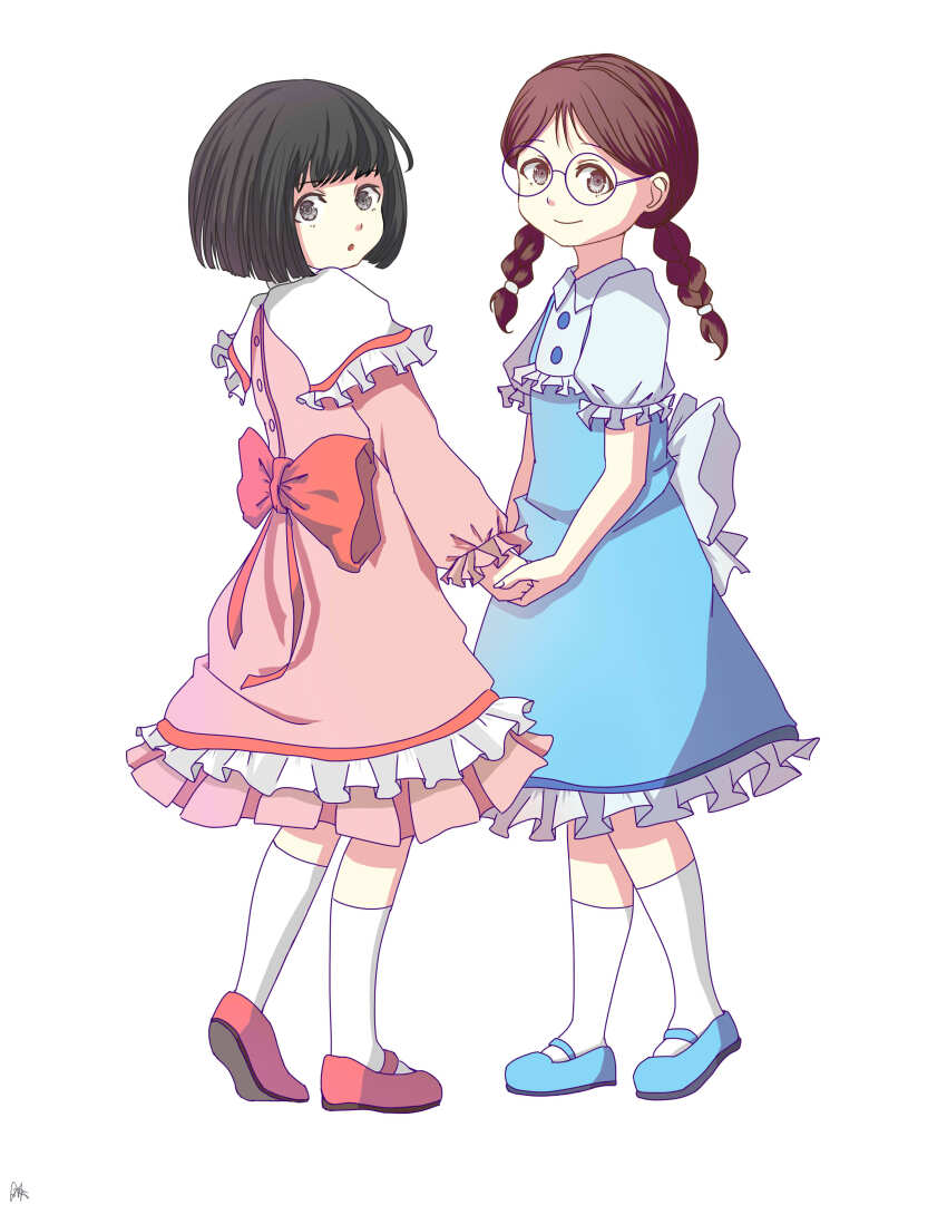 absurdres blue_dress braid chibi_maruko-chan dress facing_another glasses highres holding_hands honami_tamae pink_dress pink_shoes round_eyewear sakura_momoko shoes twin_braids white_background zhong_chai