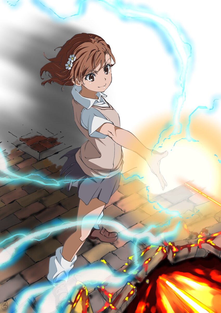 1girl brown_eyes brown_hair brown_sweater_vest collared_shirt commentary_request dress dress_shirt electricity electrokinesis fire grey_skirt highres loose_socks misaka_mikoto pleated_dress school_uniform shibukawa_daisuke shirt short_hair skirt smile socks solo standing summer_uniform sweater_vest toaru_kagaku_no_railgun toaru_majutsu_no_index tokiwadai_school_uniform white_shirt