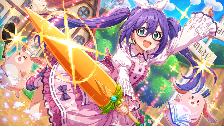 1girl apron bird blue_eyes book bow building center_frills cloud dress flower frills frying_pan game_cg glasses hairband hat heart holding holding_weapon idolmaster idolmaster_million_live! idolmaster_million_live!_theater_days juliet_sleeves long_sleeves magic mochizuki_anna official_art one_leg_raised open_book open_mouth puffy_sleeves purple_hair rabbit tree twintails weapon window