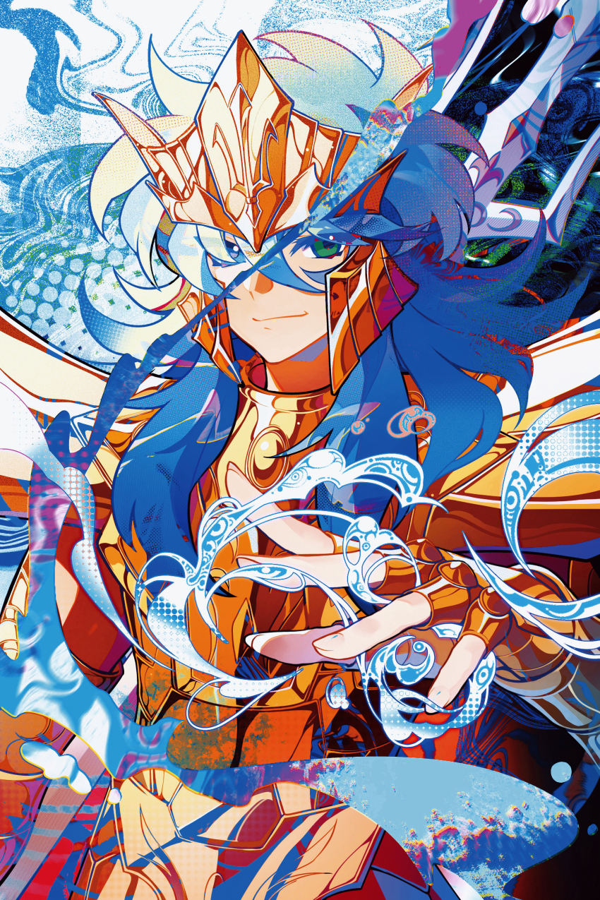 1boy absurdres armor blue_hair fingernails gold_armor gold_helmet green_eyes hand_up highres hydrokinesis julian_solo long_hair male_focus polearm poseidon_(saint_seiya) psychedelic saint_seiya smile snowflake_(diodarja) solo trident upper_body water weapon