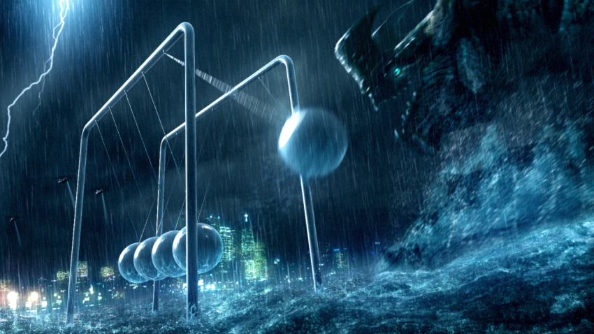 aircraft china city furige_(flg) glowing glowing_eyes harbor helicopter hong_kong kaiju legendary_pictures lightning neon_lights newton&#039;s_cradle night ocean otachi pacific_rim rain real_world_location splashing storm victoria_harbour waves