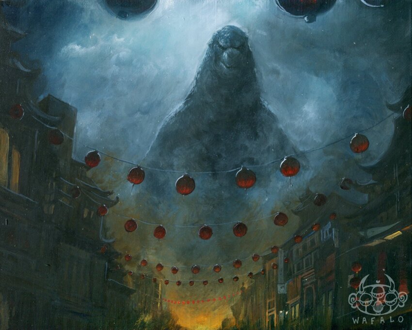 acrylic_paint_(medium) architecture artist_logo artist_name east_asian_architecture giant giant_monster godzilla godzilla_(2014) godzilla_(series) kaiju lantern legendary_pictures logo monster monster_focus monsterverse no_humans painting_(medium) paper_lantern toho traditional_media upper_body wafalo