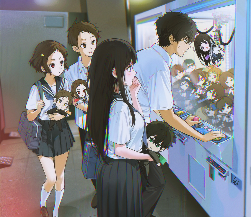 2boys 2girls :d bag black_hair black_pants black_sailor_collar black_skirt brown_hair character_doll chitanda_eru crane_game doll fukube_satoshi green_eyes hand_up highres hyouka ibara_mayaka kneehighs long_hair mery_(yangmalgage) multiple_boys multiple_girls open_mouth oreki_houtarou pants pleated_skirt purple_eyes sailor_collar school_uniform serafuku shirt short_hair short_sleeves shoulder_bag skirt smile socks white_shirt white_socks