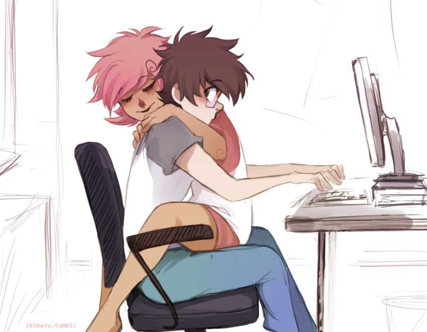 1boy 1girl arm_around_neck barefoot bishounen black_hair blue_pants blush chair computer_keyboard cuddling desktop_(computing) feet_out_of_frame from_side glasses hetero homestuck ikimaru indoors john_egbert looking_at_another looking_back monitor office_chair pants pink_hair rectangular_eyewear roxy_lalonde shipping_(fandom) shirt short_hair shorts sitting sitting_on_lap sitting_on_person sketch_background sleeping sleeping_on_person swivel_chair t-shirt table thighs trash_can typing white_background white_shirt