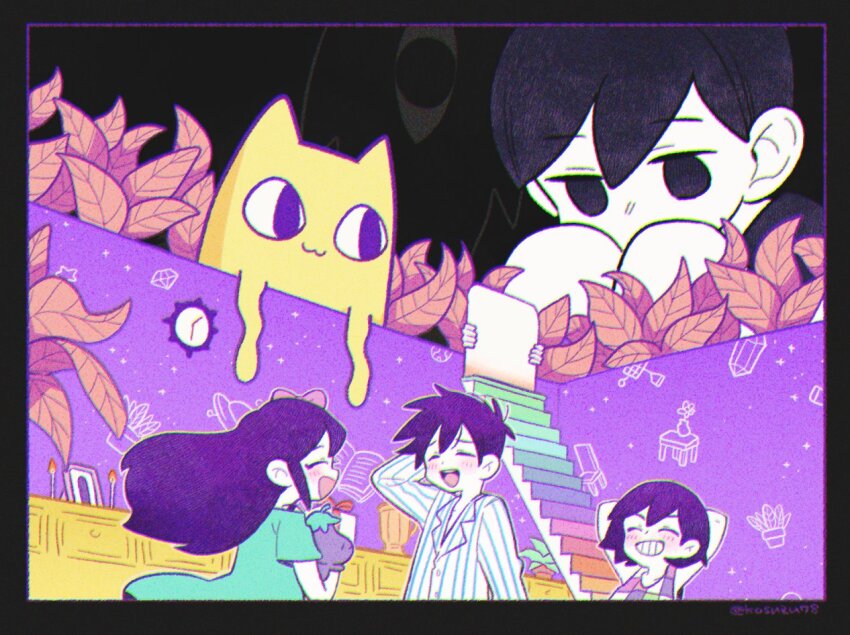 1girl 3boys ^_^ antenna_hair aqua_dress arm_behind_head arms_behind_head aubrey_(headspace)_(omori) aubrey_(omori) big_yellow_cat_(omori) black_background black_border black_eyes black_hair border bow brothers checkered_clothes chromatic_aberration clock closed_eyes colored_skin covered_mouth dress facing_another giant giant_male grin hair_behind_ear hair_bow hero_(headspace)_(omori) hero_(omori) holding holding_stuffed_toy kel_(headspace)_(omori) kel_(omori) knees_up leaf long_hair long_sleeves looking_down mitsubachi_koucha mr._plantegg_(omori) multiple_boys no_pupils omori omori_(omori) pink_bow purple_hair short_hair short_sleeves siblings simple_background smile something_(omori) stairs striped_clothes stuffed_eggplant stuffed_toy tank_top twitter_username vertical-striped_clothes white_skin