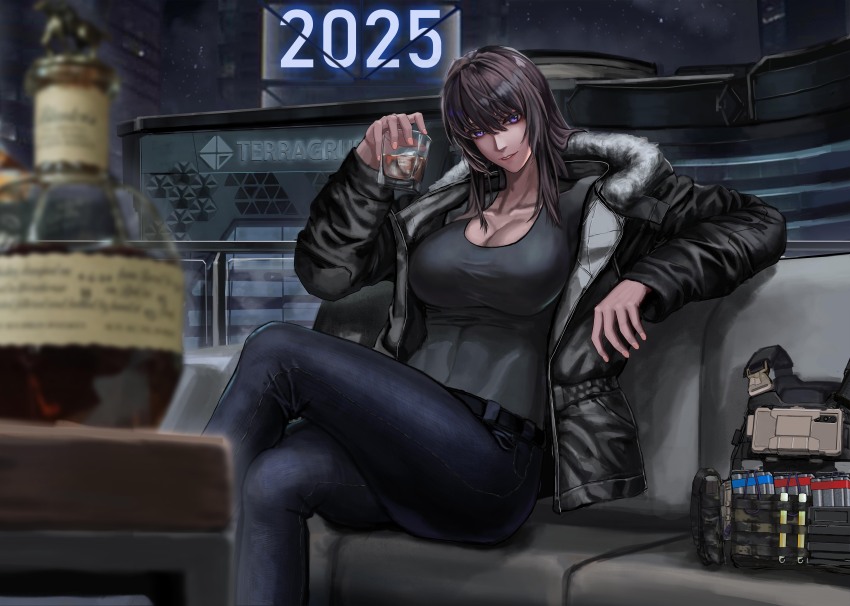 1girl 2025 absurdres alcohol arm_support balcony black_shirt blurry blurry_foreground bottle breasts brown_hair cityscape collarbone couch covered_navel crossed_legs cup denim drinking_glass fur-trimmed_jacket fur_trim g&amp;k-cmdr hand_up head_tilt highres holding holding_cup jacket jeans large_breasts load_bearing_vest looking_at_viewer magazine_(weapon) night on_couch open_clothes open_jacket original pants parted_lips purple_eyes shirt sitting toned toned_female unworn_vest vest