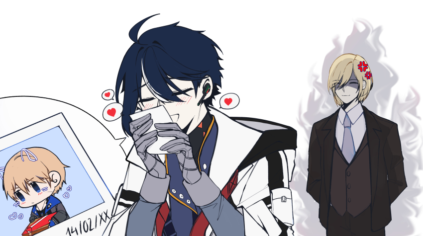 absurdres anger_vein angry animal_ears blush cat_ears commandant_(pgr) dochikun highres image_sample lee:_entropy_(pgr) lee_(pgr) murray_(pgr) nuzzling_object photo_(object) pixiv_sample punishing:_gray_raven white_background