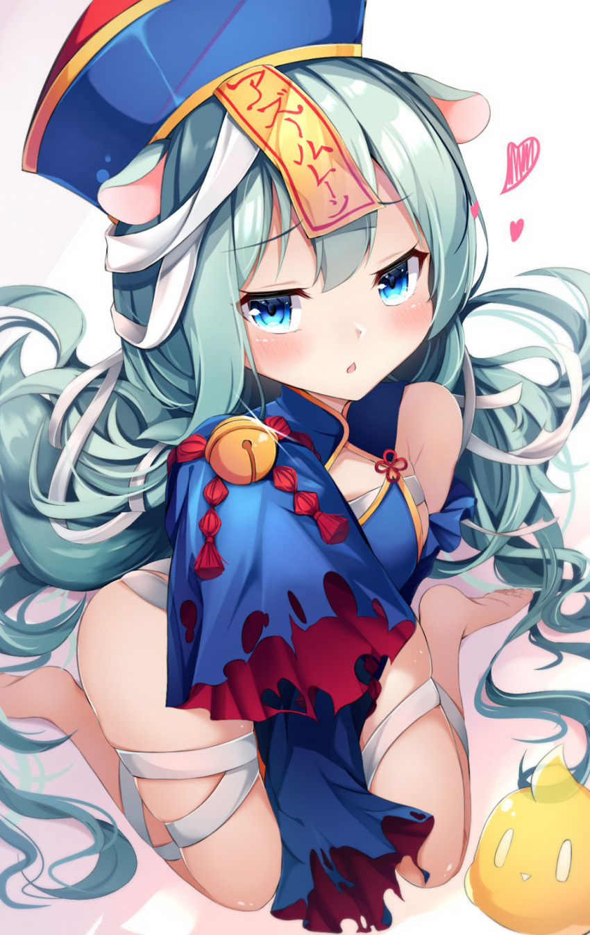 1girl alternate_costume animal_ears azur_lane bandages belly blue_eyes blush breasts chinese_clothes commentary_request female_focus green_hair halloween hat heart highres jiangshi long_sleeves manjuu_(azur_lane) mikazuki_(azur_lane) mikazuki_(sweet_zombie)_(azur_lane) ofuda open_mouth qingdai_guanmao seiza shiira_(nya_rl) simple_background sitting small_breasts solo white_background