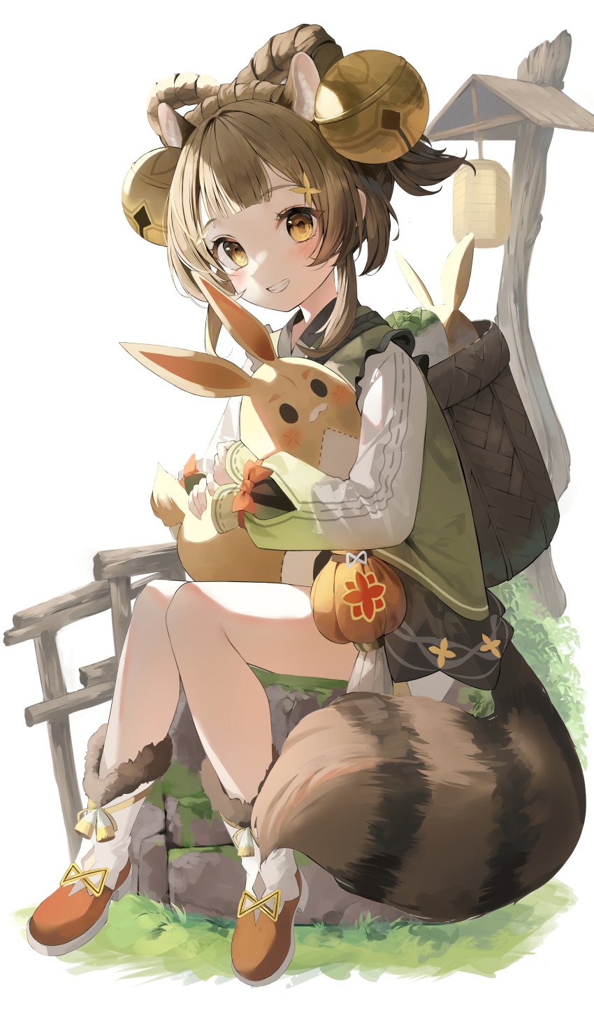1girl absurdres animal_ears animal_ears_(norankkori) backpack_basket basket bell blunt_bangs blush boots bow-shaped_hair brown_eyes brown_hair commentary english_commentary fur-trimmed_boots fur_trim genshin_impact hair_bell hair_ornament highres hug hugging_object jingle_bell long_sleeves looking_at_viewer radish short_hair sitting smile solo teeth white_background yaoyao_(genshin_impact)