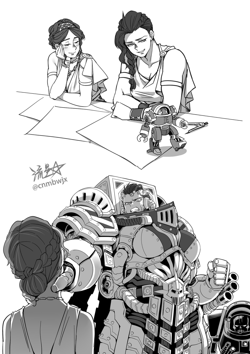 adeptus_astartes armlet armor bracelet braid breastplate breasts calliphone cleavage clenched_hand clenched_hands closed_mouth compass figure full_armor gauntlets genderswap genderswap_(mtf) greyscale gun hazard_stripes highres holding iron_warriors jewelry large_breasts mechabare medium_breasts monochrome necklace open_mouth pauldrons perturabo power_armor primarch rivets robe ryuusei_(mark_ii) scowl short_hair shoulder_armor siblings signature sisters skull standing strangling teeth tube warhammer_40k weapon white_robe