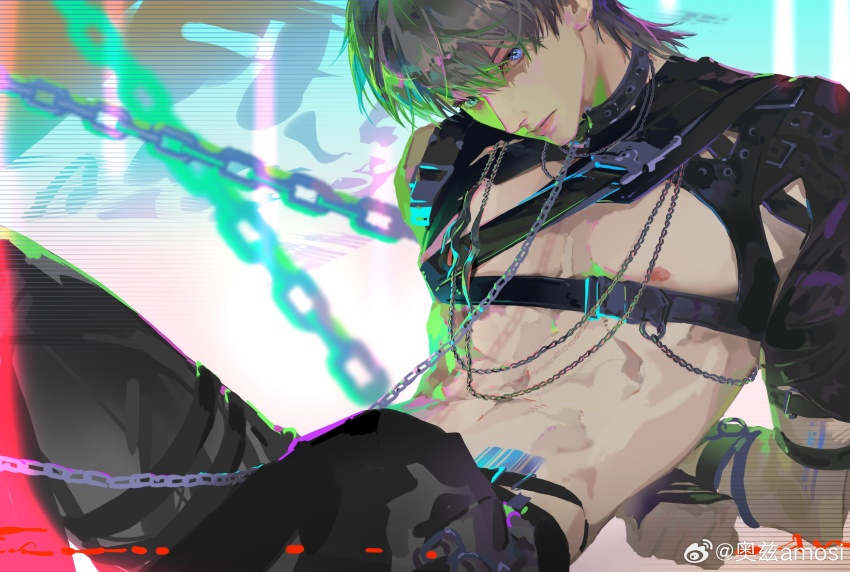 1boy absurdres ao_zi_amosi belt black_jacket blue_eyes chain choker clothing_cutout grey_hair highres jacket leather leather_jacket leather_pants looking_at_viewer love_and_deepspace male_focus medium_hair nipples official_alternate_costume official_alternate_hairstyle open_clothes pants simple_background stomach stomach_cutout xavier_(love_and_deepspace)