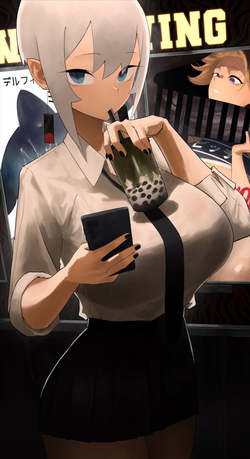 1girl bar_censor black_bra black_nails black_necktie blue_eyes bob_cut bra bra_visible_through_clothes breasts bubble_tea censored collared_shirt drinking_straw drinking_straw_in_mouth earrings elena_(hazuki_kazue) eyeliner furrowed_brow hair_between_eyes hazuki_kazue highres holding holding_phone huge_breasts inverted_bob jewelry looking_at_viewer makeup microskirt necktie original phone pleated_skirt pointy_ears poster_(object) shirt shirt_tucked_in short_hair sidelocks skirt slit_pupils solo underwear white_hair white_shirt
