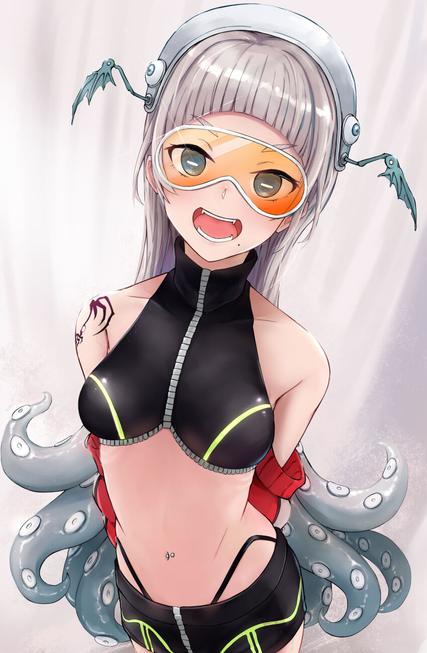 1girl absurdres black_shirt black_shorts breasts bright_pupils crop_top goggles grey_hair hat head_wings highleg highleg_panties highres horizontal_pupils indie_virtual_youtuber long_hair midriff navel_piercing open_mouth orange-tinted_eyewear panties piercing pochimaru_(vtuber) pochimaru_(vtuber)_(1st_costume) rizuki_suwoto shirt shorts shoulder_tattoo small_breasts solo tattoo tentacles tinted_eyewear underwear virtual_youtuber white_hat white_pupils wings zipper