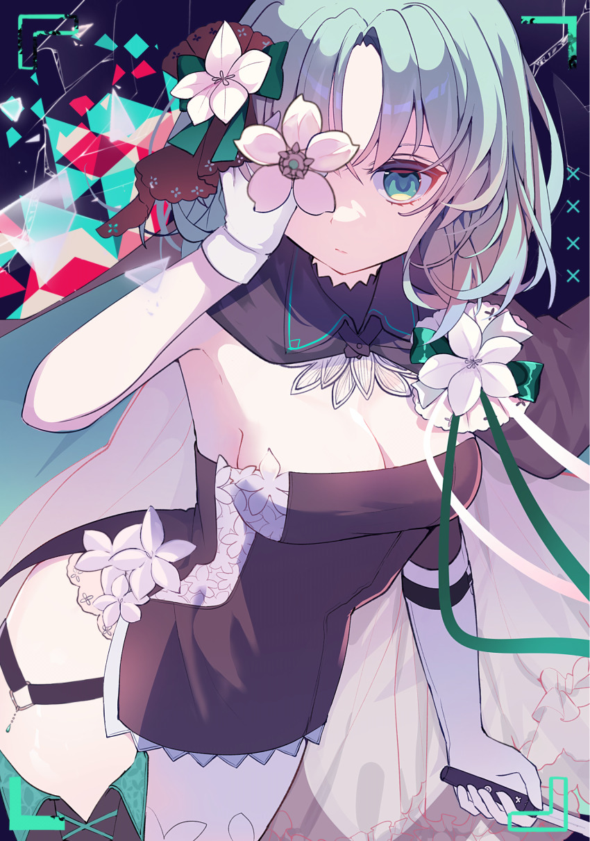 1girl absurdres arcaea black_cape black_dress blue_background bob_cut breasts cape cleavage clover_39 dress flower flower_over_eye frown gloves green_eyes green_hair hair_flower hair_ornament hand_fan hand_over_eye highres holding holding_fan looking_at_viewer medium_breasts saya_(arcaea) short_hair solo thigh_strap two-sided_fabric upper_body white_cape white_flower white_gloves