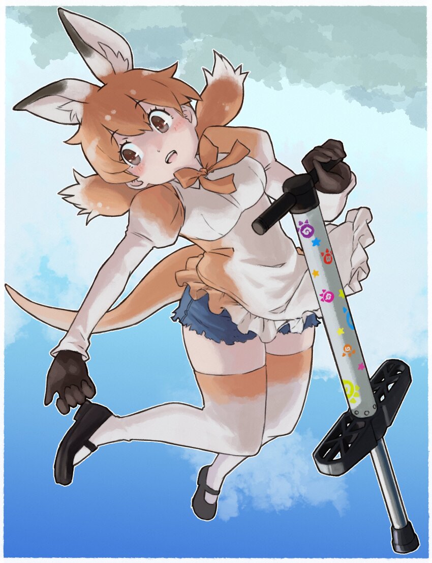 1girl absurdres apron black_shoes blush bow bowtie brown_bow brown_bowtie brown_eyes brown_gloves brown_shirt brown_thighhighs cutoff_jeans cutoffs denim denim_shorts extra_ears frilled_apron frills gloves gradient_legwear hair_between_eyes highres japari_symbol juliet_sleeves kangaroo_ears kangaroo_girl kangaroo_tail kemono_friends light_brown_hair long_sleeves mary_janes midair multicolored_hair pogo_stick puffy_sleeves red_kangaroo_(kemono_friends) shirt shoes short_hair short_shorts short_twintails shorts sidelocks solo thighhighs toriny twintails two-tone_shirt white_apron white_hair white_shirt white_thighhighs zettai_ryouiki