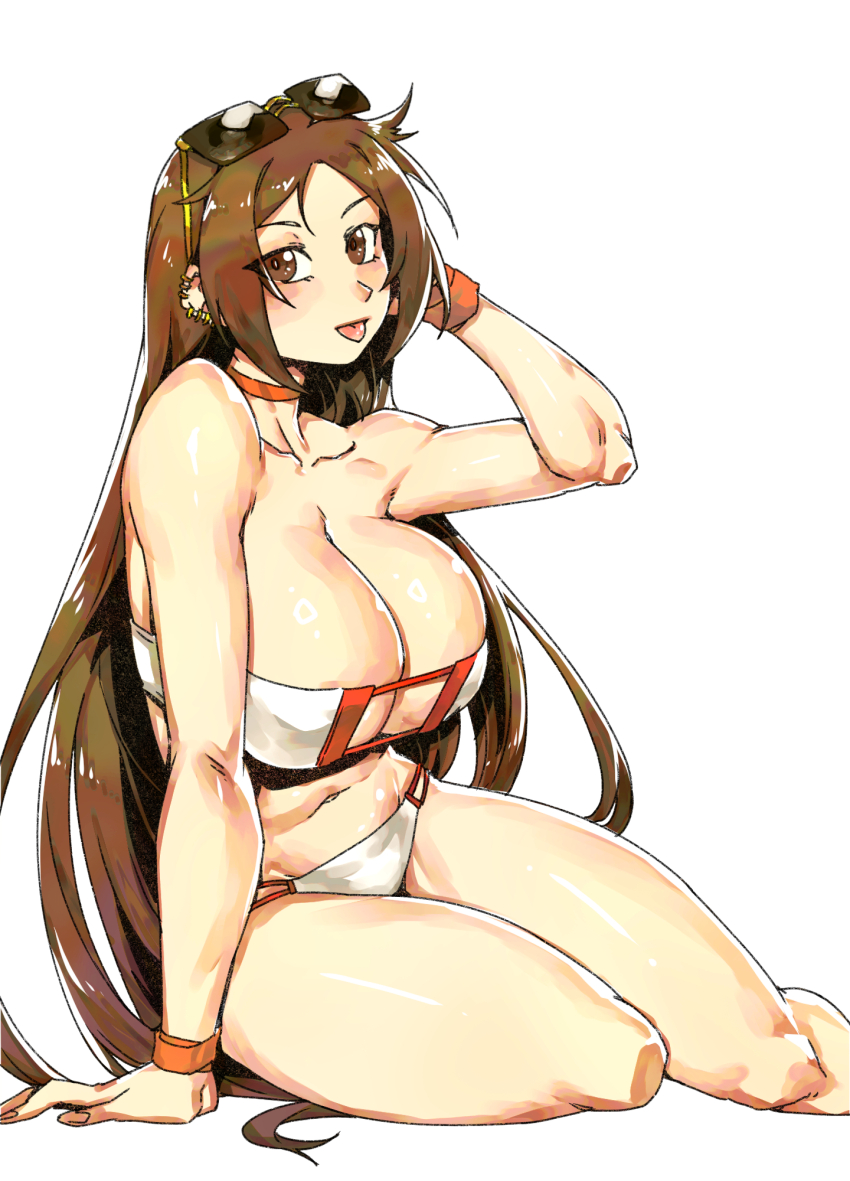 1girl bare_shoulders bikini blush breasts brown_eyes brown_hair choker cleavage collarbone earrings eyewear_on_head fate/grand_order fate_(series) highres jewelry large_breasts long_hair looking_at_viewer minew navel solo sunglasses swimsuit thighs tongue tongue_out very_long_hair white_bikini yu_mei-ren_(fate) yu_mei-ren_(swimsuit_lancer)_(fate)