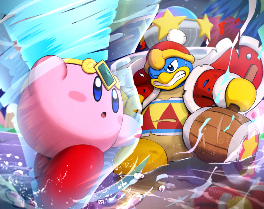 :o arms_up artist_name beak blue_eyes blush blush_stickers clenched_teeth coat commentary_request copy_ability crown fighting full_body fur-trimmed_coat fur_trim gem gonzarez hammer hat highres holding holding_hammer hydrokinesis king_dedede kirby kirby&#039;s_adventure kirby:_nightmare_in_dream_land kirby_(series) kirby_nightmare_in_dream_land long_sleeves looking_at_another nintendo no_humans one_eye_closed open_clothes open_coat open_mouth red_coat red_footwear red_headwear shoes standing star_(symbol) sweatdrop teeth torn_clothes torn_coat tornado_kirby twitter_username water wet