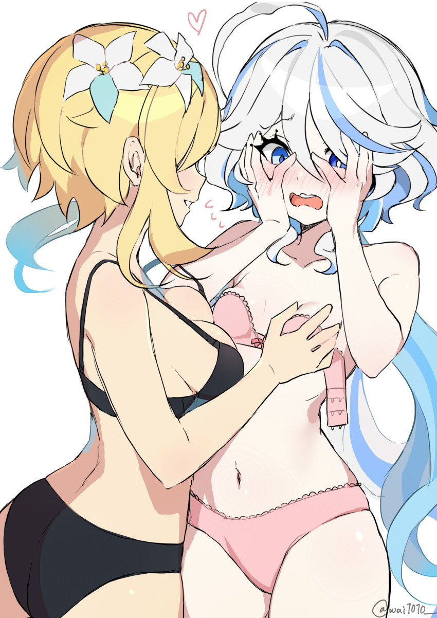 2girls absurdres ahoge ass black_bra black_panties blonde_hair blue_eyes blue_hair blush bra breasts commentary_request flower flying_sweatdrops furina_(genshin_impact) genshin_impact grabbing_another&#039;s_breast groping hair_between_eyes hands_on_own_face heart highres long_hair lumine_(genshin_impact) medium_breasts multicolored_hair multiple_girls open_bra open_mouth panties pink_bra pink_panties short_hair_with_long_locks simple_background small_breasts teeth twitter_username underwear underwear_only upper_teeth_only very_long_hair wai1010 white_background white_flower white_hair yuri