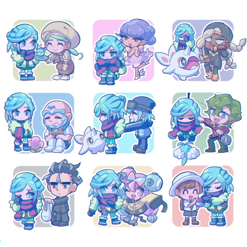 4girls 5boys aged_down apron ascot asymmetrical_hair backpack backwards_hat bag bald baseball_cap beard black_dress black_hair blue_eyes blue_hair blue_mittens bow bow-shaped_hair brassius_(pokemon) brown_ascot brown_bag brown_hair brown_skirt buttons cetoddle character_hair_ornament chef chef_hat crying dark-skinned_female dark_skin dreadlocks dress eyelashes facepalm facial_hair florian_(pokemon) flower gen_3_pokemon gloves goggles goggles_on_head green_eyes green_hair green_pants grey_hair grusha_(pokemon) hair_ornament hat highres holding holding_microphone holding_tray iono_(pokemon) jacket katy_(pokemon) kofu_(pokemon) larry_(pokemon) long_hair long_sleeves low-tied_long_hair microphone mittens mole mole_on_cheek mole_under_eye multicolored_hair multiple_boys multiple_girls necktie nintendo one_eye_closed open_mouth oversized_clothes pants pink_eyes pink_hair pokemon pokemon_(creature) pokemon_sv purple_dress purple_eyes purple_hair purple_necktie purple_shorts ryme_(pokemon) scarf scarf_over_mouth school_uniform sharp_teeth shi_(soudana_sigurd) shirt short_hair short_sleeves shorts single_leg_pantyhose skirt sleeves_past_fingers sleeves_past_wrists smile streaked_hair striped_clothes striped_scarf swablu teeth thick_eyebrows track_jacket tray tulip_(pokemon) twintails two-tone_hair two-tone_scarf unibrow uva_academy_school_uniform very_long_hair white_hair white_headwear yellow_jacket