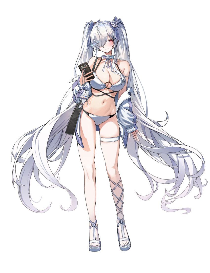 1girl absurdres alternate_costume bare_shoulders bikini blush cellphone cinderella_(nikke) closed_mouth full_body goddess_of_victory:_nikke hair_over_one_eye hallo_(rltkdydrltk) highres holding holding_phone long_hair long_sleeves looking_at_viewer navel one_eye_covered phone red_eyes simple_background smartphone smile standing stomach swimsuit thigh_strap thighs twintails very_long_hair white_background white_bikini white_hair