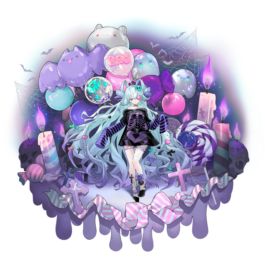 1girl aqua_hair artist_request balloon black_shirt candle choker covered_eyes faux_figurine game_cg girls&#039;_frontline girls&#039;_frontline_neural_cloud hair_ornament halloween_costume helix_(neural_cloud) highres layered_sleeves long_hair long_sleeves looking_at_viewer off_shoulder official_alternate_costume official_art red_eyes ribbon shirt short_over_long_sleeves short_sleeves silk skeleton_print skull_hair_ornament spider_web striped_clothes striped_shirt third-party_source transparent_background