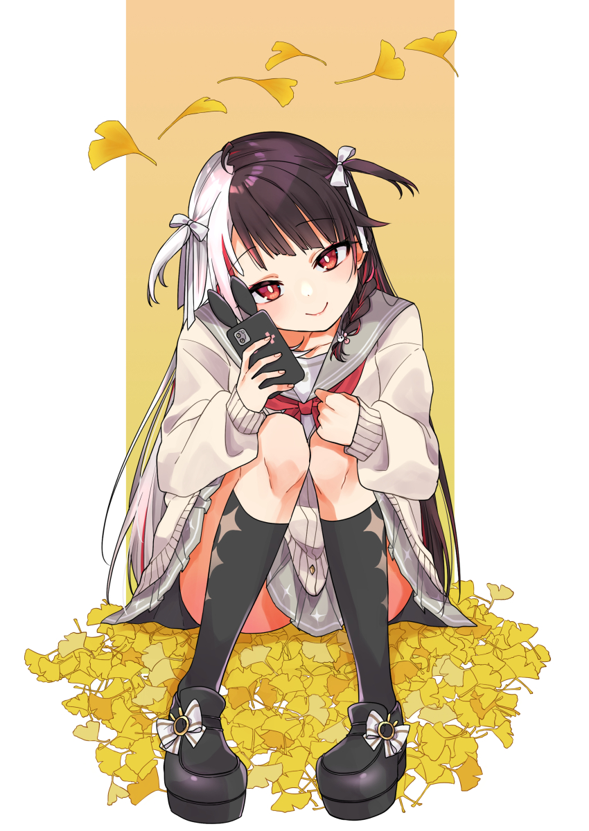 1girl absurdres animal_ears ass black_hair black_socks cellphone eyeshadow falling_petals hair_ribbon head_tilt highres holding holding_phone kneehighs long_hair long_sleeves looking_at_viewer makeup multicolored_hair nijisanji on_floor petals phone pink_hair pleated_skirt rabbit_ears red_eyes red_eyeshadow ribbon school_uniform shoes short_twintails sitting skirt smartphone smartphone_case socks solo streaked_hair tamaki_(tttmaki3388) twintails two-tone_hair very_long_hair virtual_youtuber white_hair white_ribbon yorumi_rena yorumi_rena_(9th_costume)