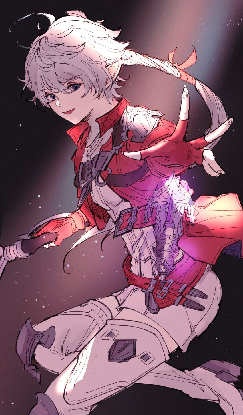 1girl absurdres ahoge alisaie_leveilleur black_background blue_eyes boots braid braided_ponytail chest_belt commentary elezen elf final_fantasy final_fantasy_xiv fingerless_gloves foot_out_of_frame foreshortening from_side gloves hair_ribbon highres holding holding_sword holding_weapon hutaba_0718 jacket knee_pads leg_up long_hair looking_at_viewer low_ponytail open_mouth outstretched_arm pointy_ears ponytail reaching reaching_towards_viewer red_gloves red_jacket red_mage_(final_fantasy) ribbon romper single_braid smile solo sword symbol-only_commentary thigh_boots weapon white_boots white_hair white_romper