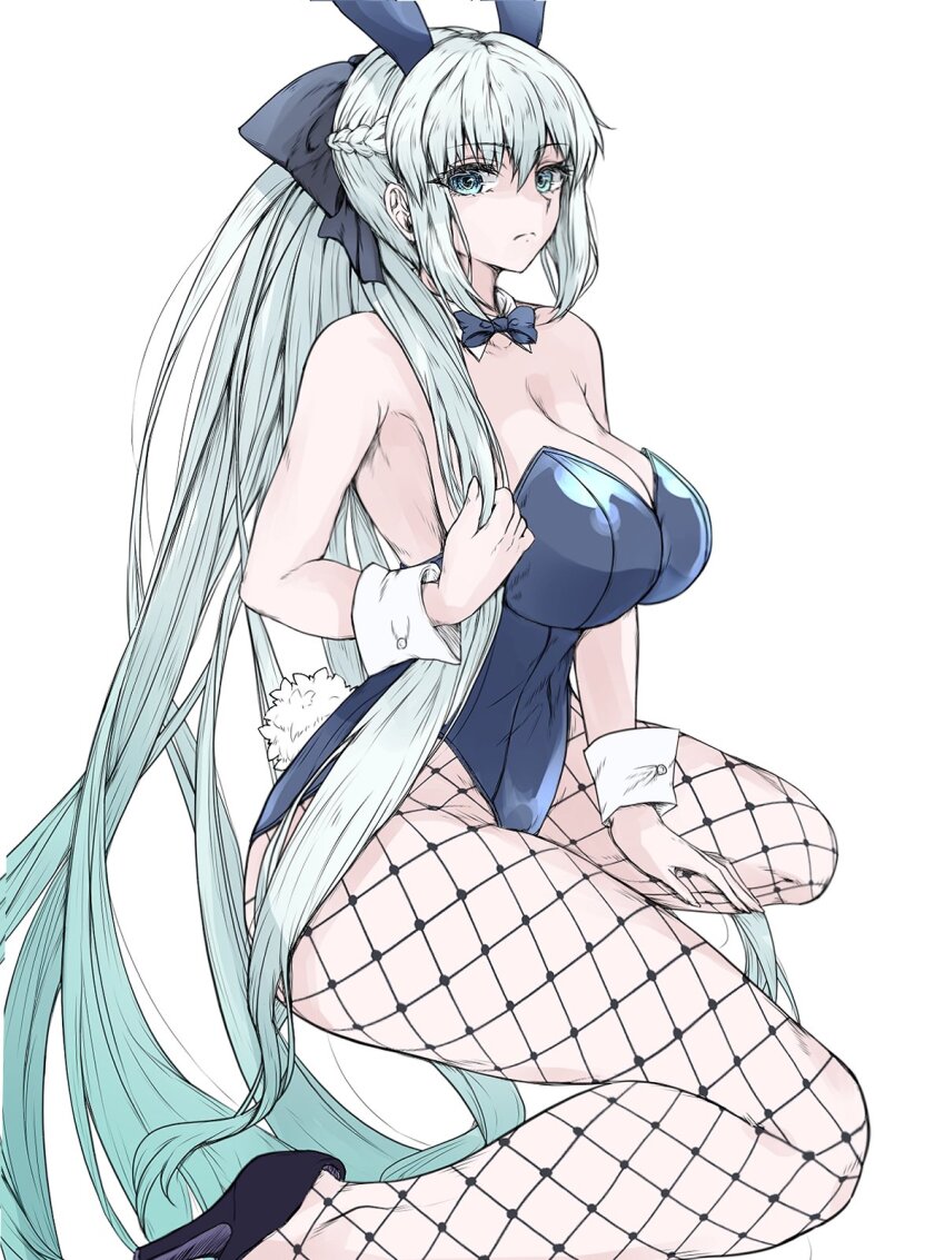 1girl animal_ears black_bow black_leotard blue_eyes blush bow bowtie braid breasts closed_mouth detached_collar fake_animal_ears fake_tail fate/grand_order fate_(series) fishnet_pantyhose fishnets full_body grey_hair hair_bow half_up_braid highres large_breasts leotard long_hair long_sleeves looking_at_viewer morgan_le_fay_(fate) navel pantyhose playboy_bunny ponytail rabbit_ears rabbit_tail satou_nui sidelocks simple_background solo strapless strapless_leotard tail thighhighs thighs very_long_hair white_background wrist_cuffs