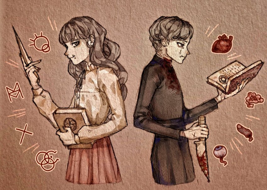 1boy 1girl black_ribbon black_robe blood blood_on_clothes bloody_knife book brown_hair chir_ppi closed_mouth commentary crying crying_with_eyes_open disembodied_finger dual_persona english_commentary eyeball face_piercing fear_&amp;_hunger_(series) fear_&amp;_hunger_2:_termina frilled_shirt_collar frills grimoire hand_up holding holding_book holding_knife human_head knife long_hair long_sleeves looking_at_viewer marina_(fear_&amp;_hunger) mouth_piercing neck_ribbon open_book piercing pink_skirt ribbon robe shirt short_hair sideways_glance skirt smile tears white_shirt